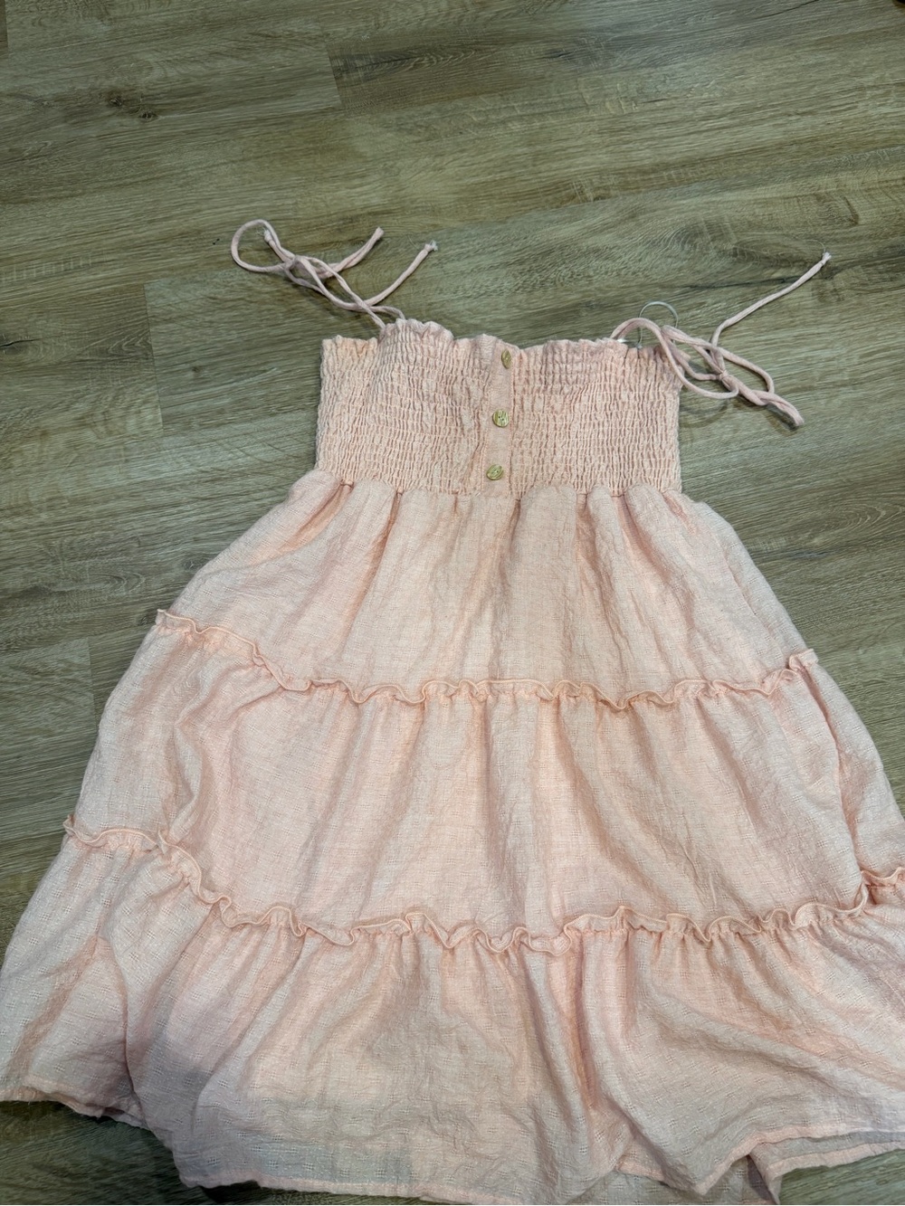Altar'd State Pale Pink Smocked Tie-Strap Tiered Mini Dress